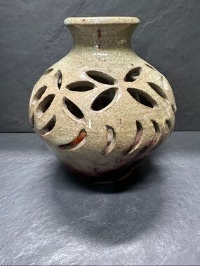 Cutout Ceramic Lantern Vase in Speckled Beige with Red Drip handmade signed